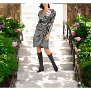 INC International Concepts Silver Velvet Wrap Dress M Puffed Sleeve Lined NWT